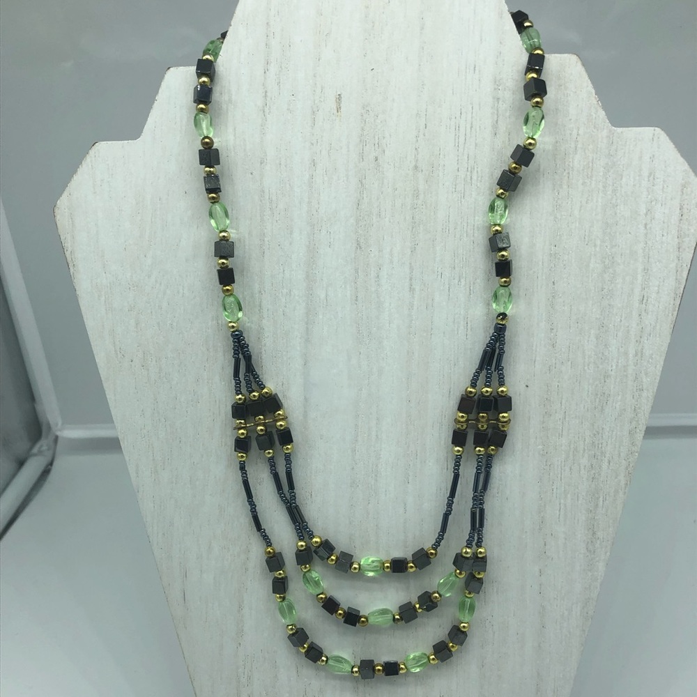 Three strand beaded black green  choker necklace.
